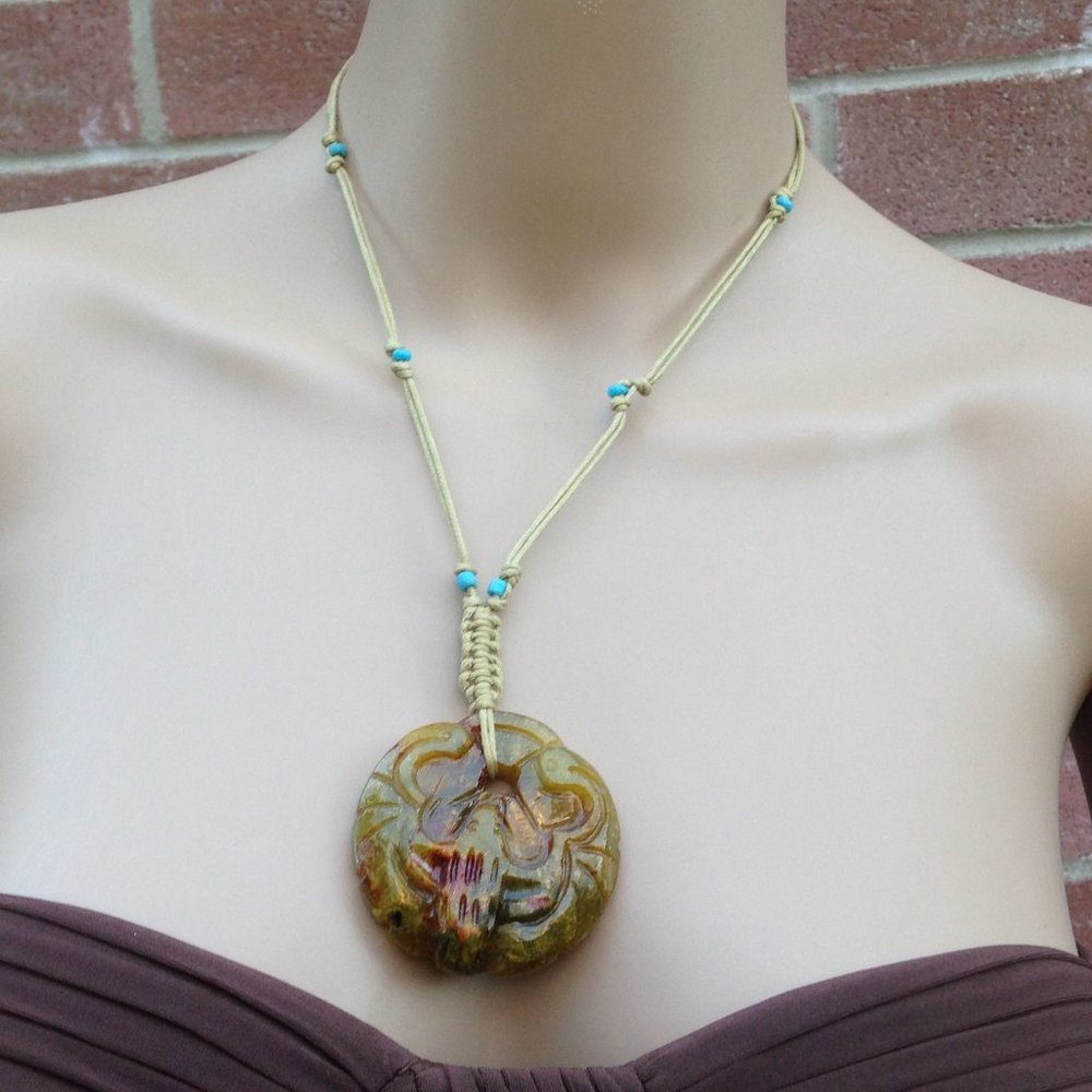Variegated Nephrite Jade Bird Pendant Necklace
